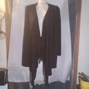 Anne French Faux Suede  Open Coat Sweater Fringed Black Lightweight L